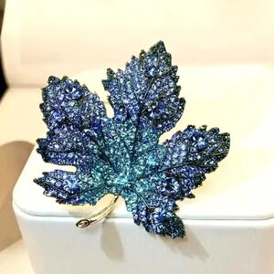 Bria Red Maple Leaf Blue Crystal Brooch